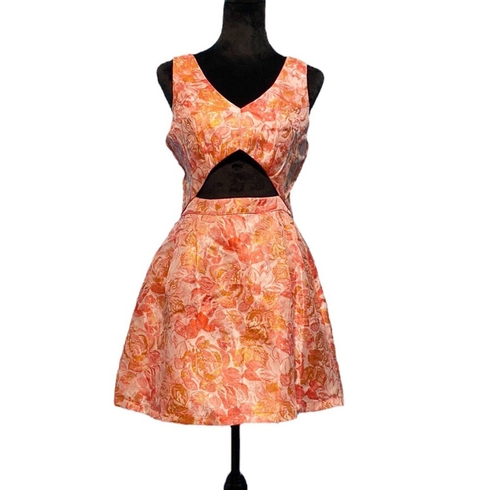 Sans Souci Pink and Gold Floral Cut Out Dress - Size Medium